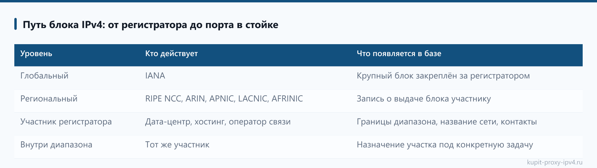 Путь блока IPv4: от регистратора до порта в стойке: таблица из статьи «Серверные прокси IPv4: откуда берутся адреса дата-центров»
